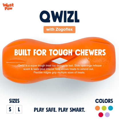 West Paw Zogoflex Qwizl Dog Puzzle Treat Toy Interactive Chew Toy for Dogs Dispenses Pet Treats Brightly-Colored Dog Puzzles for Aggressive Chewers, Fetch, Catch, Non-Toxic Small 5.5 inch , Tangerine