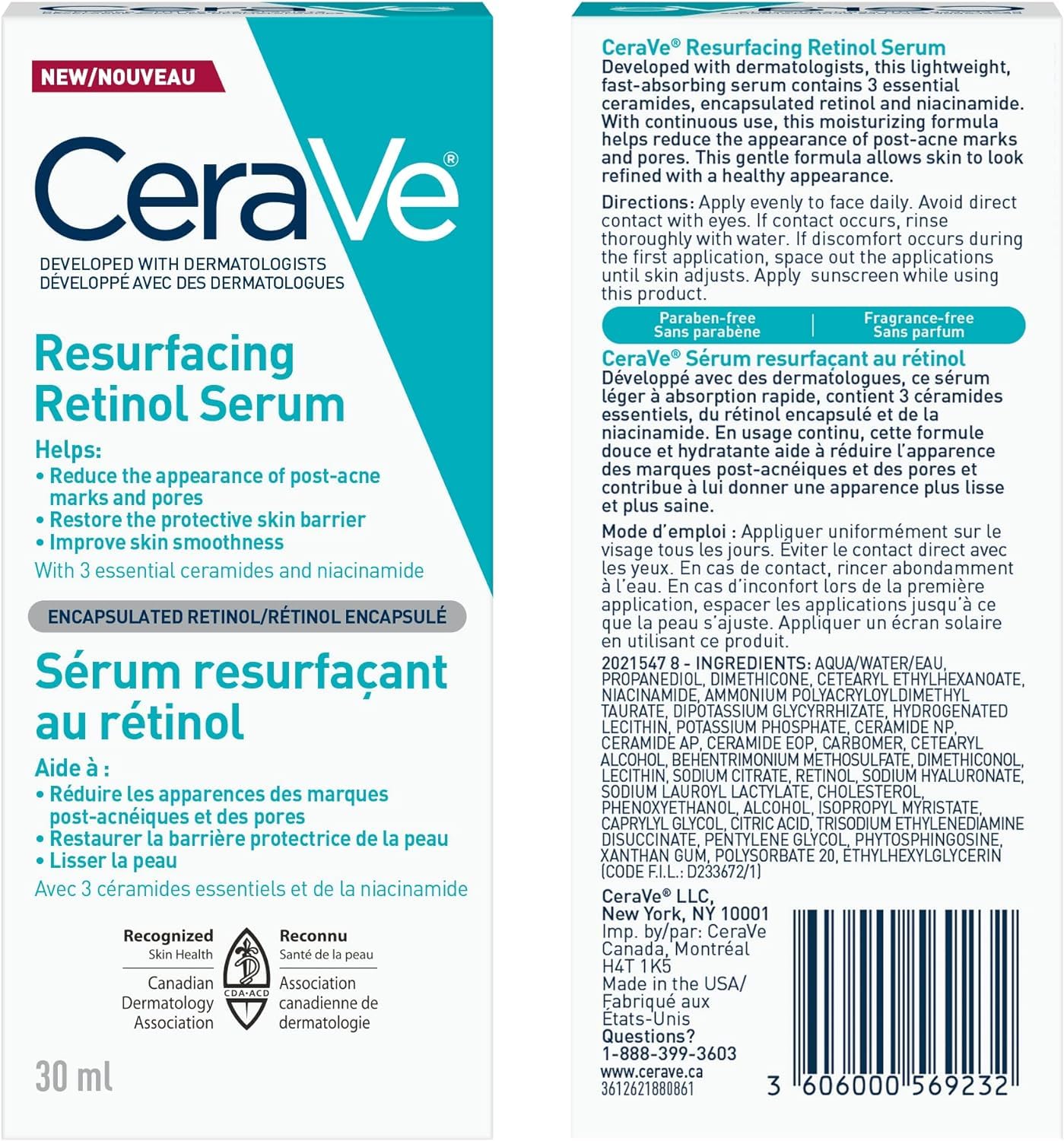 CeraVe Resurfacing RETINOL Serum For Face with niacinamide. Helps even skin tone, skin smoothness, post-acne marks & pore minimizer. Gentle, Fragrance-free, non-comedogenic, sensitive skin, 30ML
