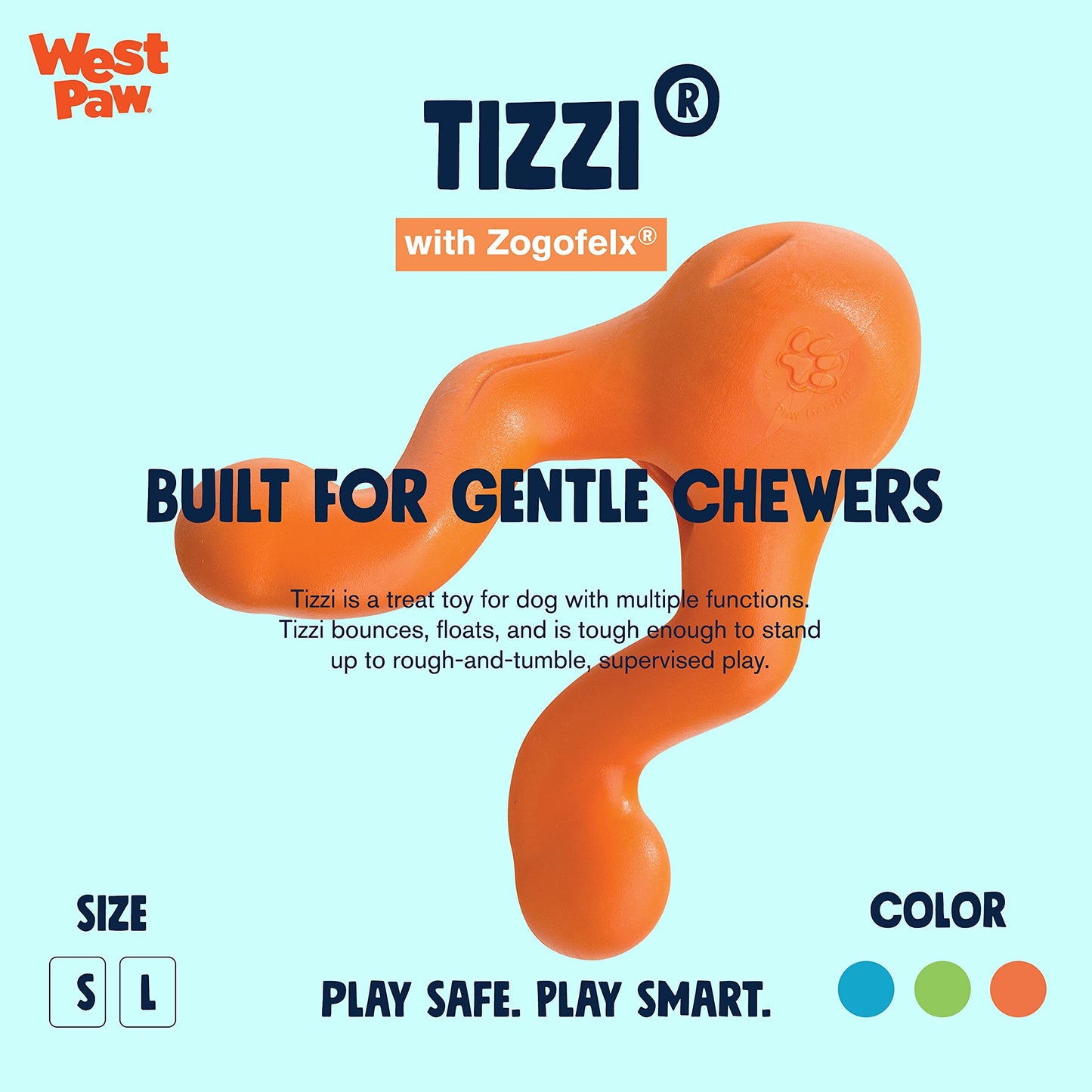 West Paw Zogoflex Tizzi Interactive Treat Dispensing Dog Fetch Play Toy, 100% Guaranteed Tough, It Floats!, Made in USA, 4.5-Inch Small, Aqua