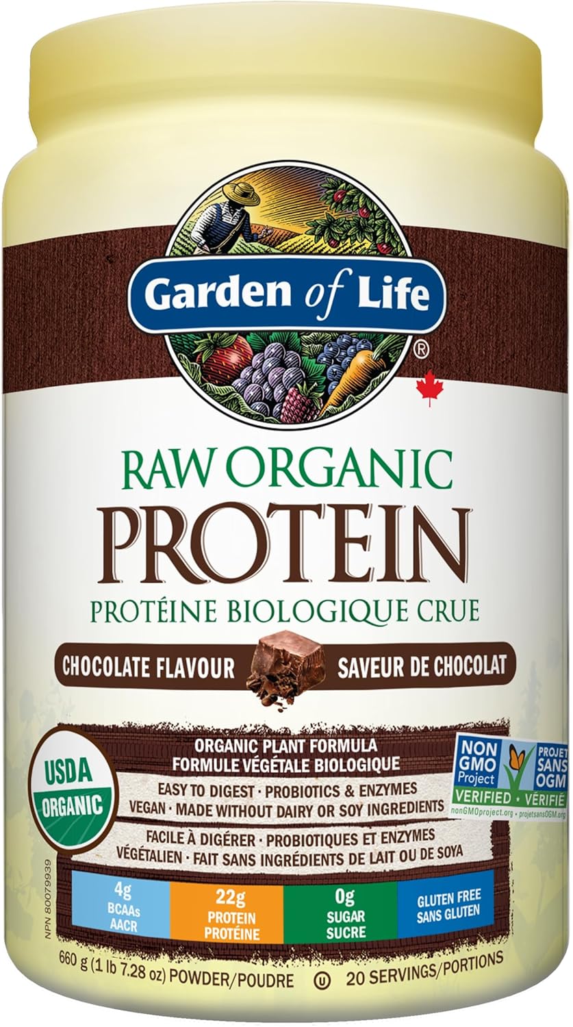 Garden of Life Raw Organic Protein, Chocolate, 664g. Packed with 22 Grams of Certified Organic Plant Protein, including organic peas grown and processed in Canada. Assists in building and repairs muscles. Loaded with 14 organic sprouted grains, seeds and
