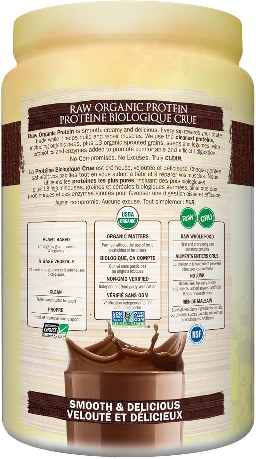 Garden of Life Raw Organic Protein, Chocolate, 664g. Packed with 22 Grams of Certified Organic Plant Protein, including organic peas grown and processed in Canada. Assists in building and repairs muscles. Loaded with 14 organic sprouted grains, seeds and