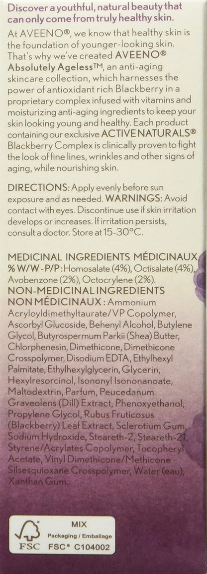 Aveeno Absolutely Ageless Daily Moisturizer SPF 30, Anti Aging, Face, Winkle Cream, Antioxidant Blackberry Complex; Vitamin C & E,Bottle, Pack of 1, 50 mL