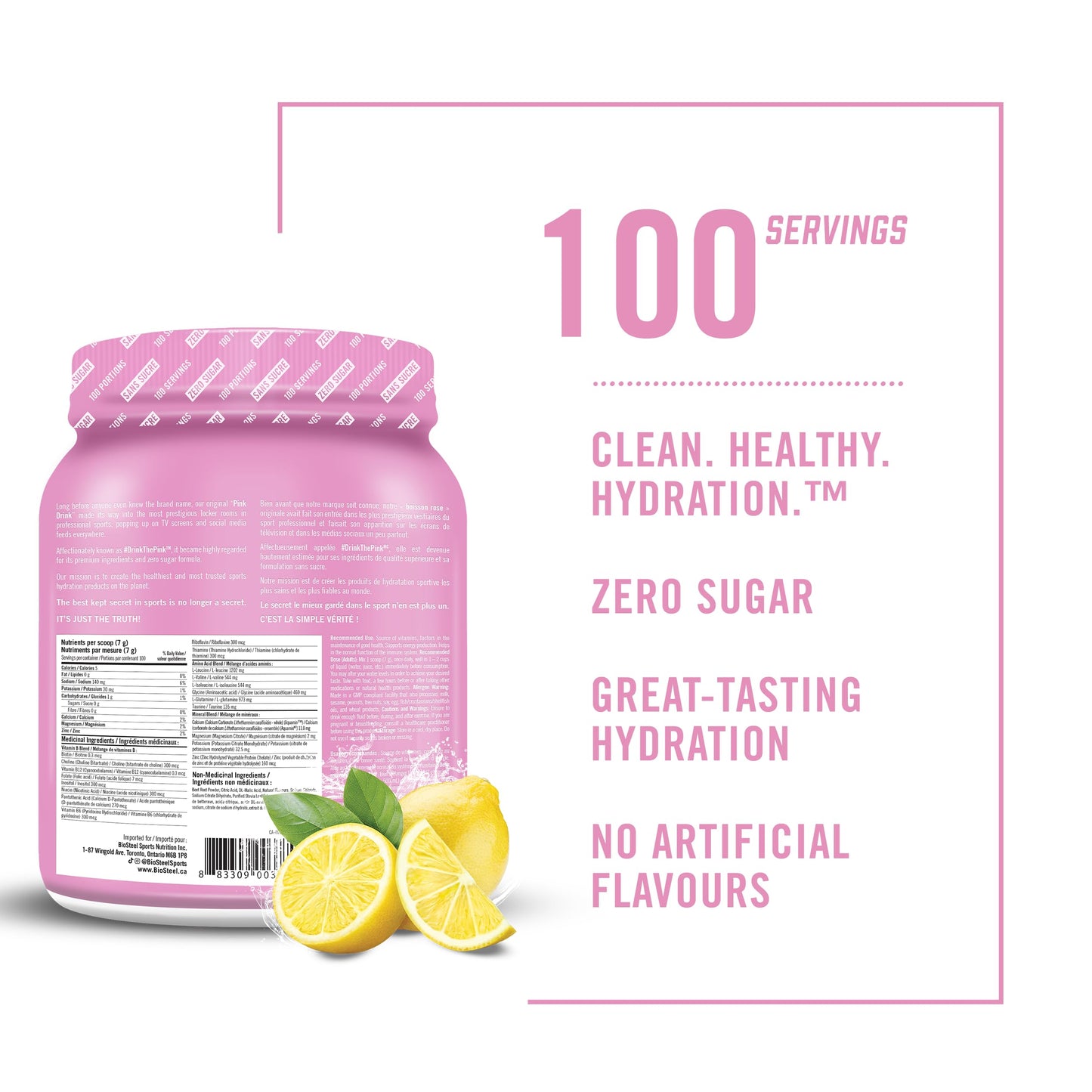BioSteel Hydration Mix, Great Tasting Hydration with Zero Sugar, and No Artificial Flavours or Preservatives, Pink Lemonade Flavour, 100 Servings per Tub
