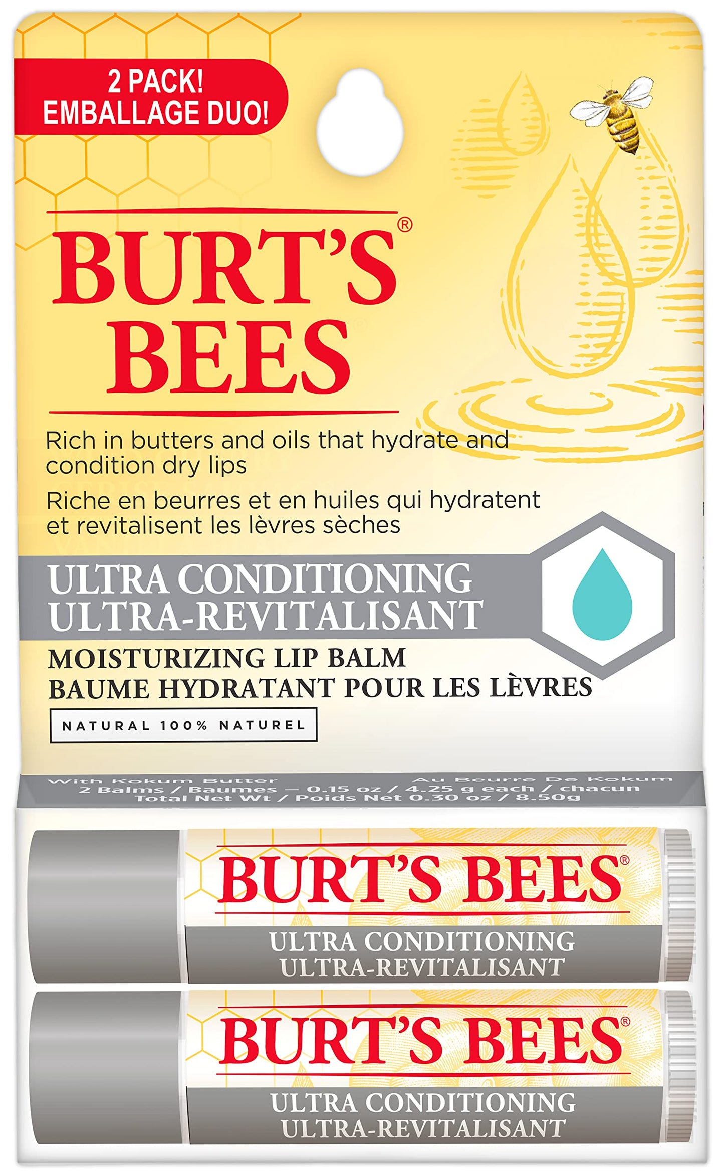 Burt's Bees Hydrating Lip Balm for Dry Chapped and Cracked Lips 100% Natural Origin, Ultra Conditioning with Kokum Butter, Shea Butter, and Cocoa Butter, Unscented, 2 Tubes