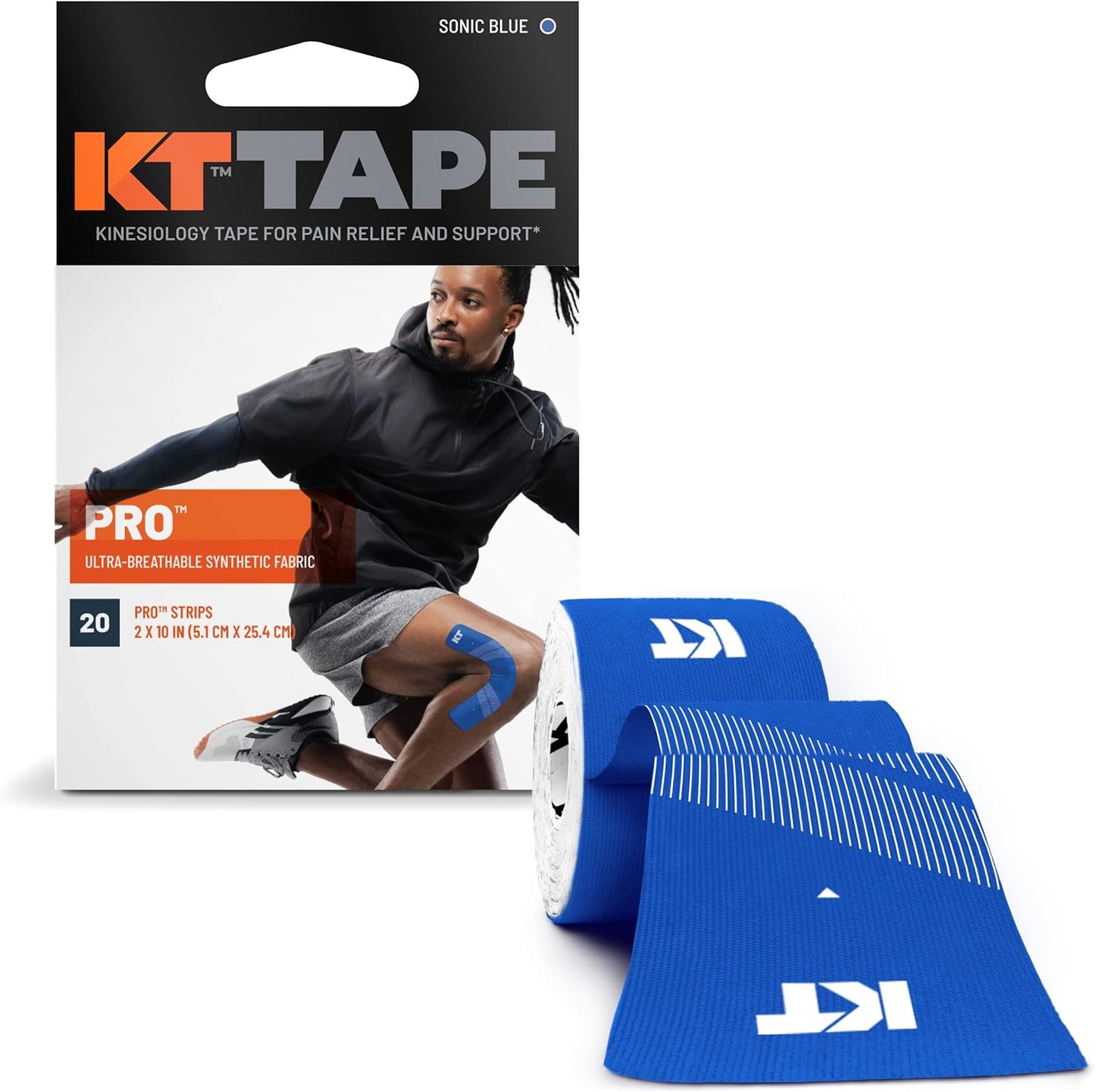 KT Tape Pro Kinesiology Therapeutic Sports Tape, Latex Free, Water Resistance, Pro & Olympic Choice, 20 Precut 10 inch Strips, Sonic Blue, Model Number: KTPRO-PreCut-Sonic Blue, Sonic Blue - Precut, 20 Count