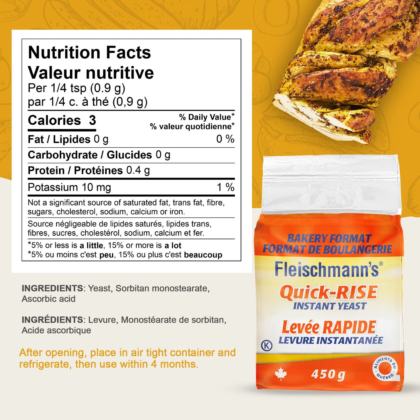 Fleischmann’s Quick-Rise Instant Yeast, Bread Mixes, One Rest and Rise, Bakery Format, 2 x 450-gram brick