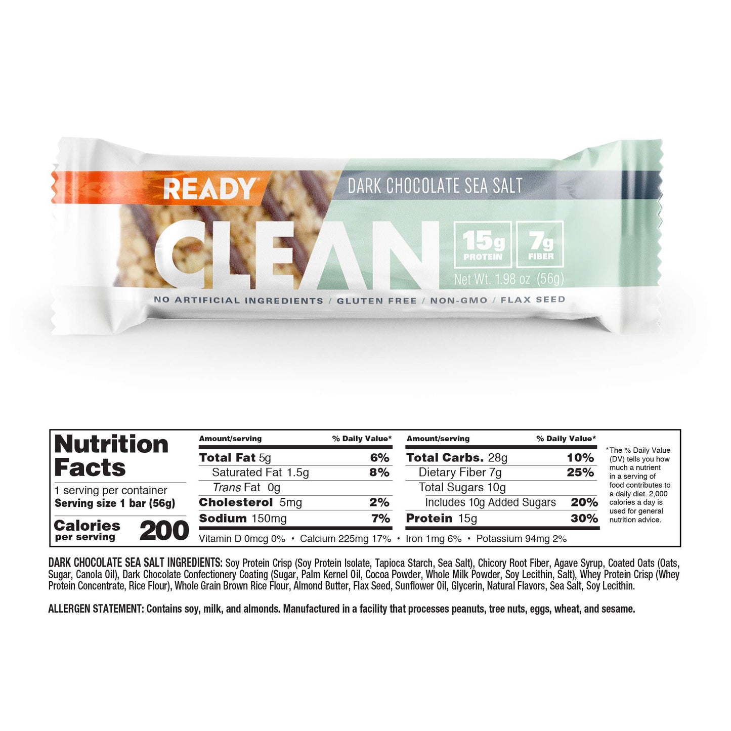 Ready CLEAN Bar, 15g of Protein, 7g Fiber, 6.5g of Whole Grains, NON-GMO, Dark Chocolate Blueberry Almond, 1.8 Ounces, 12-Pack