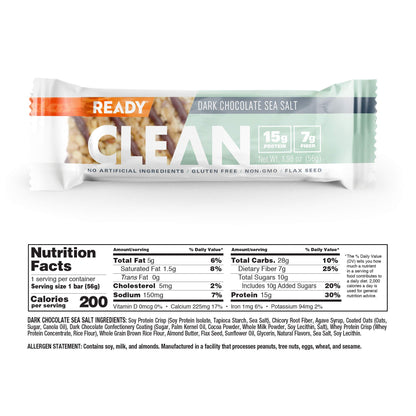 Ready CLEAN Bar, 15g of Protein, 7g Fiber, 6.5g of Whole Grains, NON-GMO, Dark Chocolate Blueberry Almond, 1.8 Ounces, 12-Pack