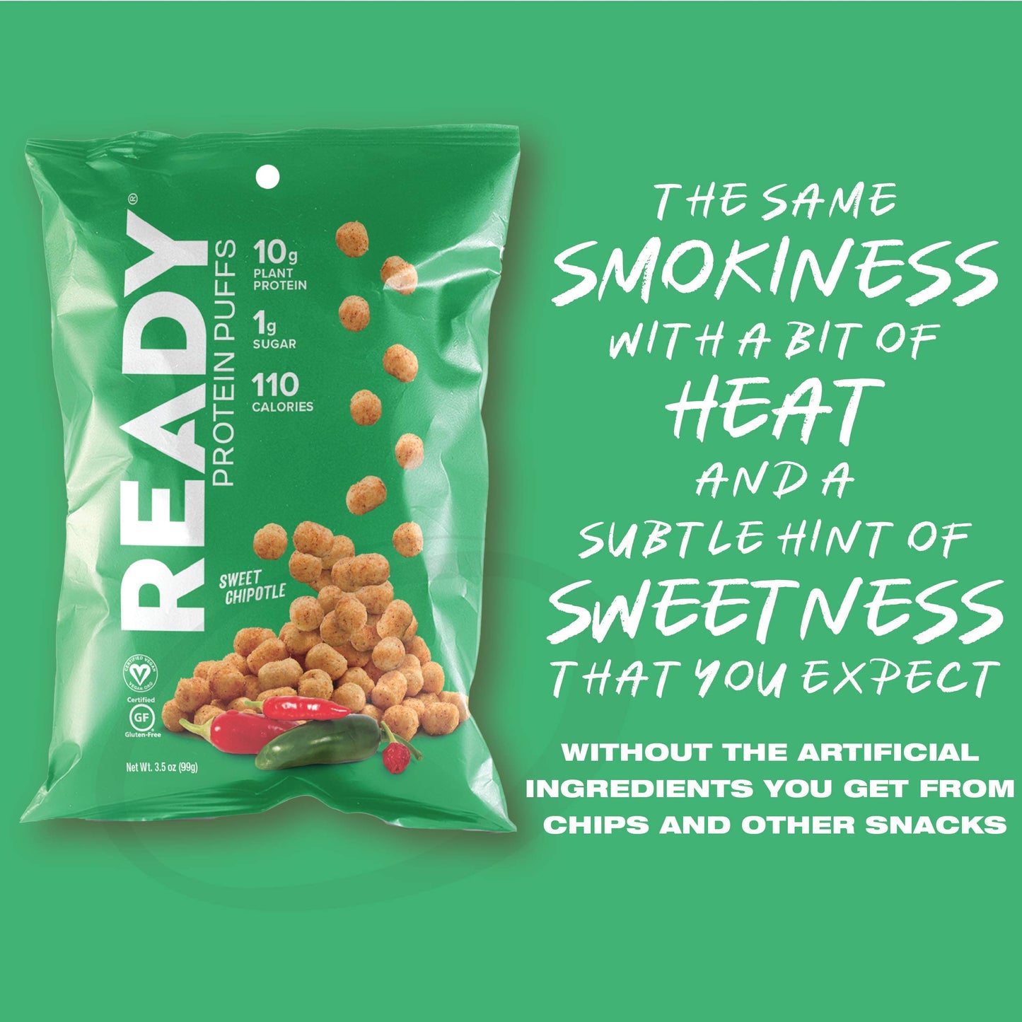 Ready Protein Puffs, 10g Plant-Based Protein, Gluten-Free, Vegan, Non-GMO, Barbecue, 3.5 Ounce Pouch, 6-Pack