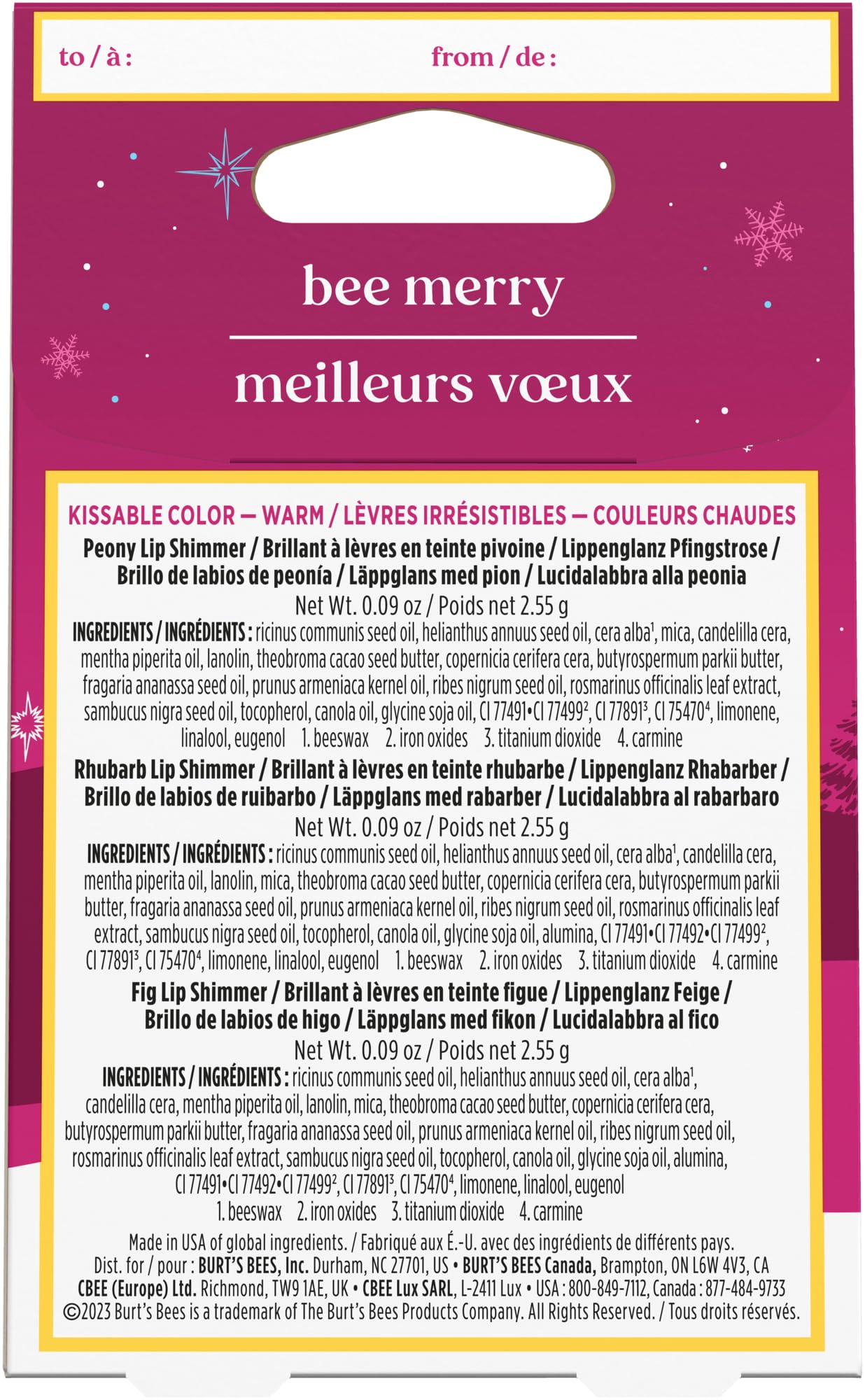 Burt's Bees Kissable Colour Gift Set, Warm Collection, 3 Lip Shimmers in Peony, Rhubarb and Fig