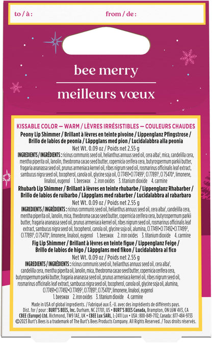 Burt's Bees Kissable Colour Gift Set, Warm Collection, 3 Lip Shimmers in Peony, Rhubarb and Fig