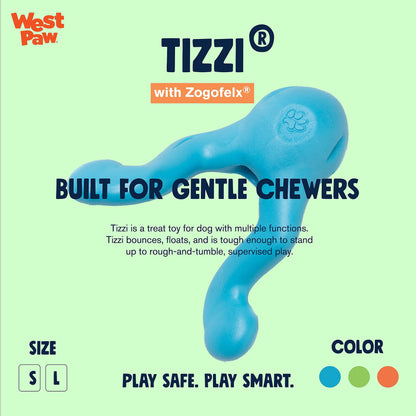 West Paw Zogoflex Tizzi Interactive Treat Dispensing Dog Fetch Play Toy, 100% Guaranteed Tough, It Floats!, Made in USA, 4.5-Inch Small, Aqua