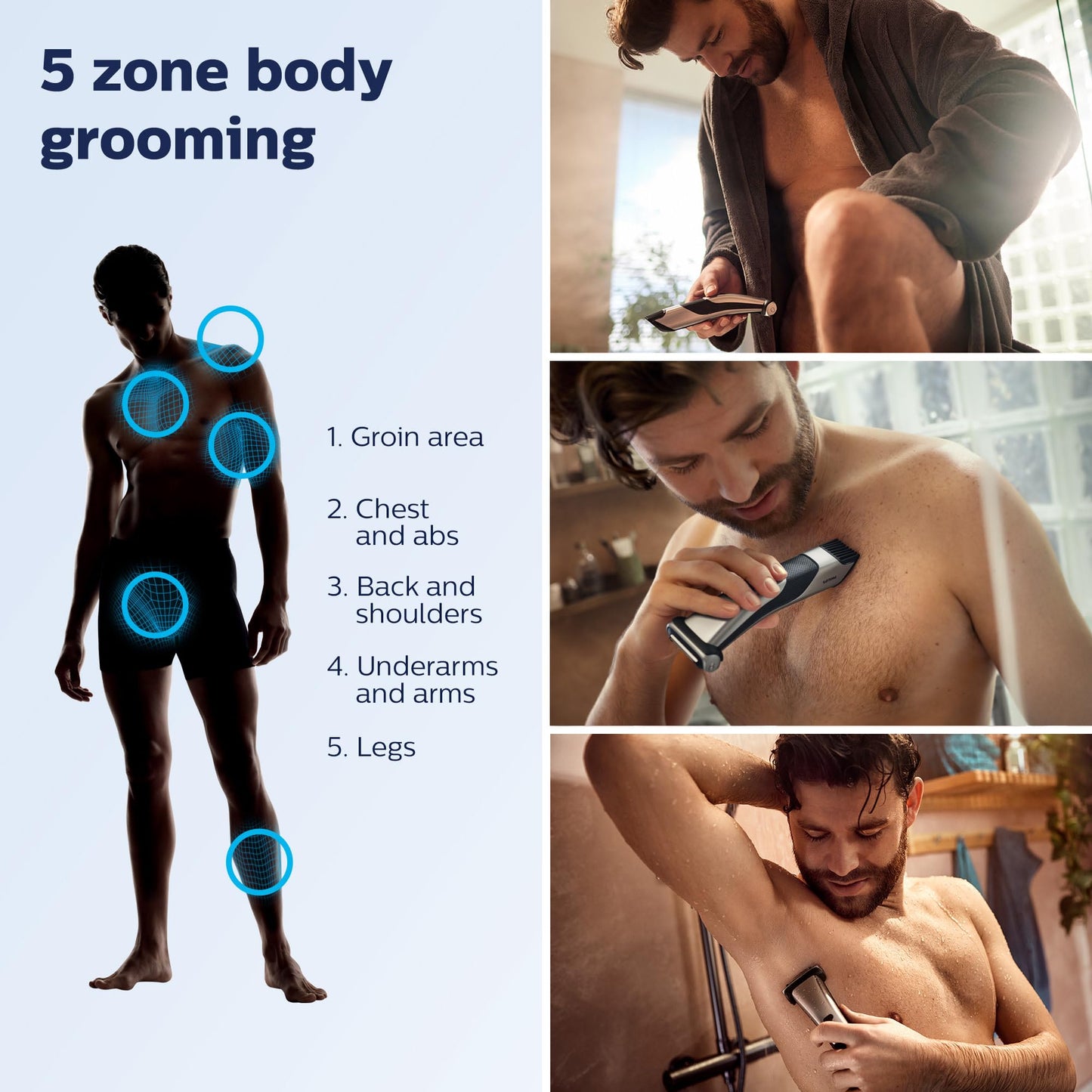 Philips Bodygroom Body & Intimate area Trimmer, Ultimate manscaping tool, removes short, long & thick hair in a single stroke with its 4 directional pivoting head. Skin protect technology, BG7025/15