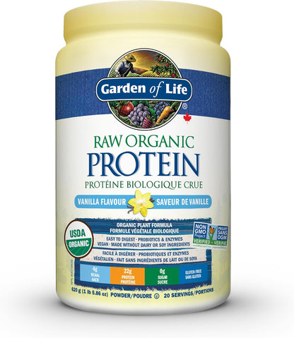 Garden of Life Raw Organic Protein, Vanilla, 624g. Packed with 22 Grams of Certified Organic Plant Protein, including organic peas grown and processed in Canada. Assists in building and repairs muscles. Loaded with 14 organic sprouted grains, seeds and le