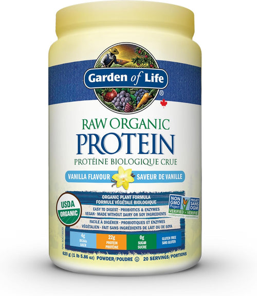 Garden of Life Raw Organic Protein, Vanilla, 624g. Packed with 22 Grams of Certified Organic Plant Protein, including organic peas grown and processed in Canada. Assists in building and repairs muscles. Loaded with 14 organic sprouted grains, seeds and le