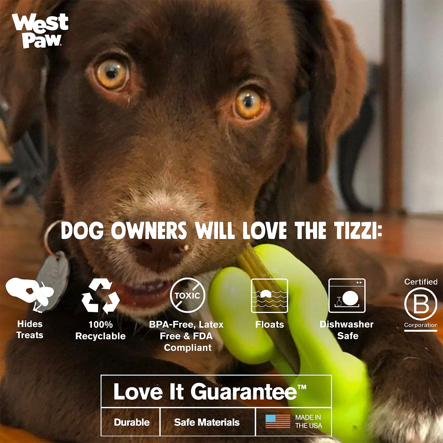 West Paw Zogoflex Tizzi Interactive Treat Dispensing Dog Fetch Play Toy, 100% Guaranteed Tough, It Floats!, Made in USA, 4.5-Inch Small, Aqua