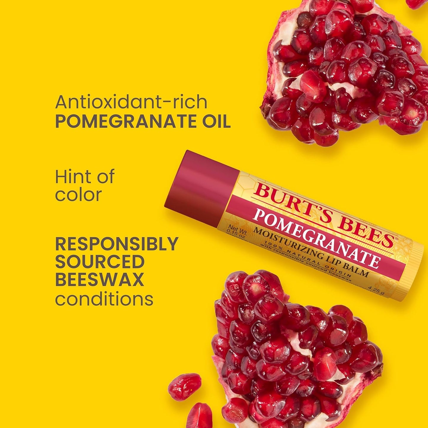 Burt's Bees Moisturizing Lip Balm for Dry Lips 100% Natural Origin, Pomegranate - 2 Tubes
