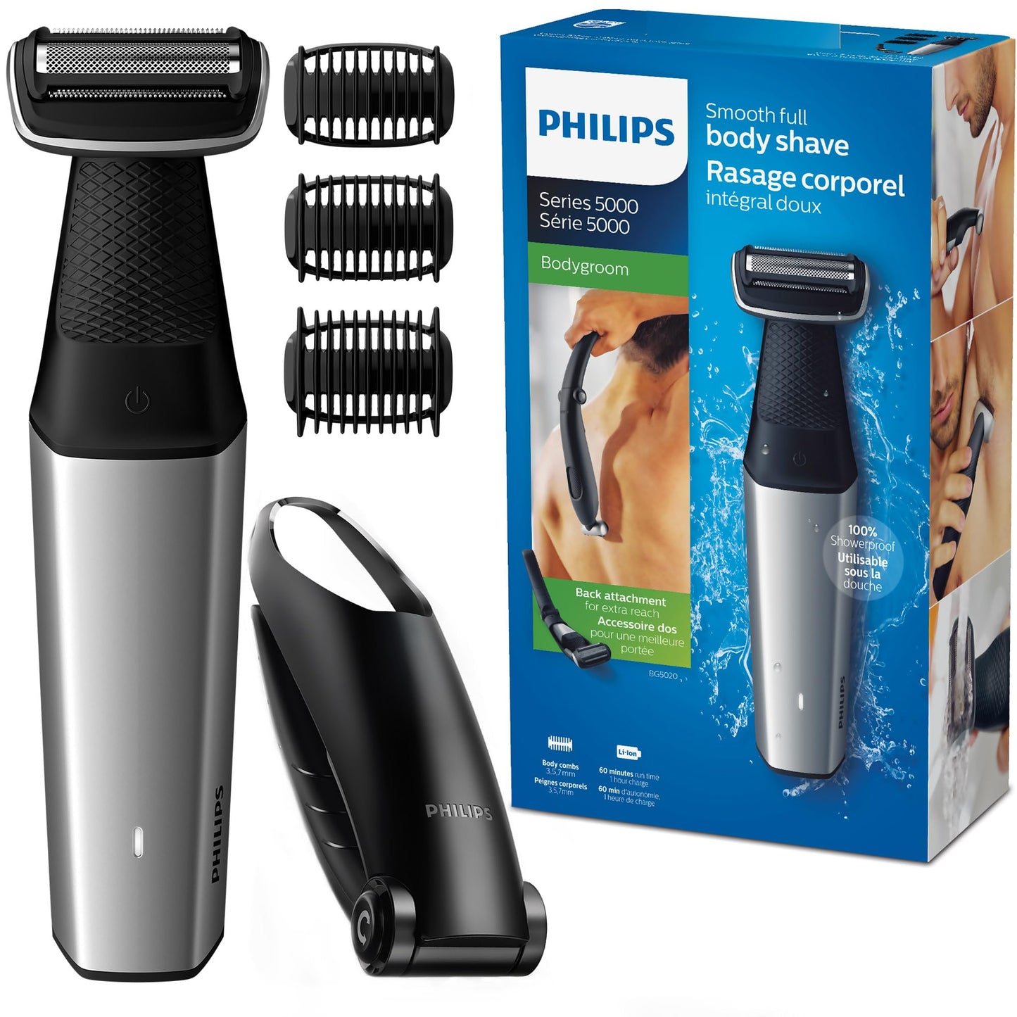 Philips Bodygroom Body & Intimate area Trimmer, Ultimate manscaping tool, removes short, long & thick hair in a single stroke with its 4 directional pivoting head. Skin protect technology, BG7025/15