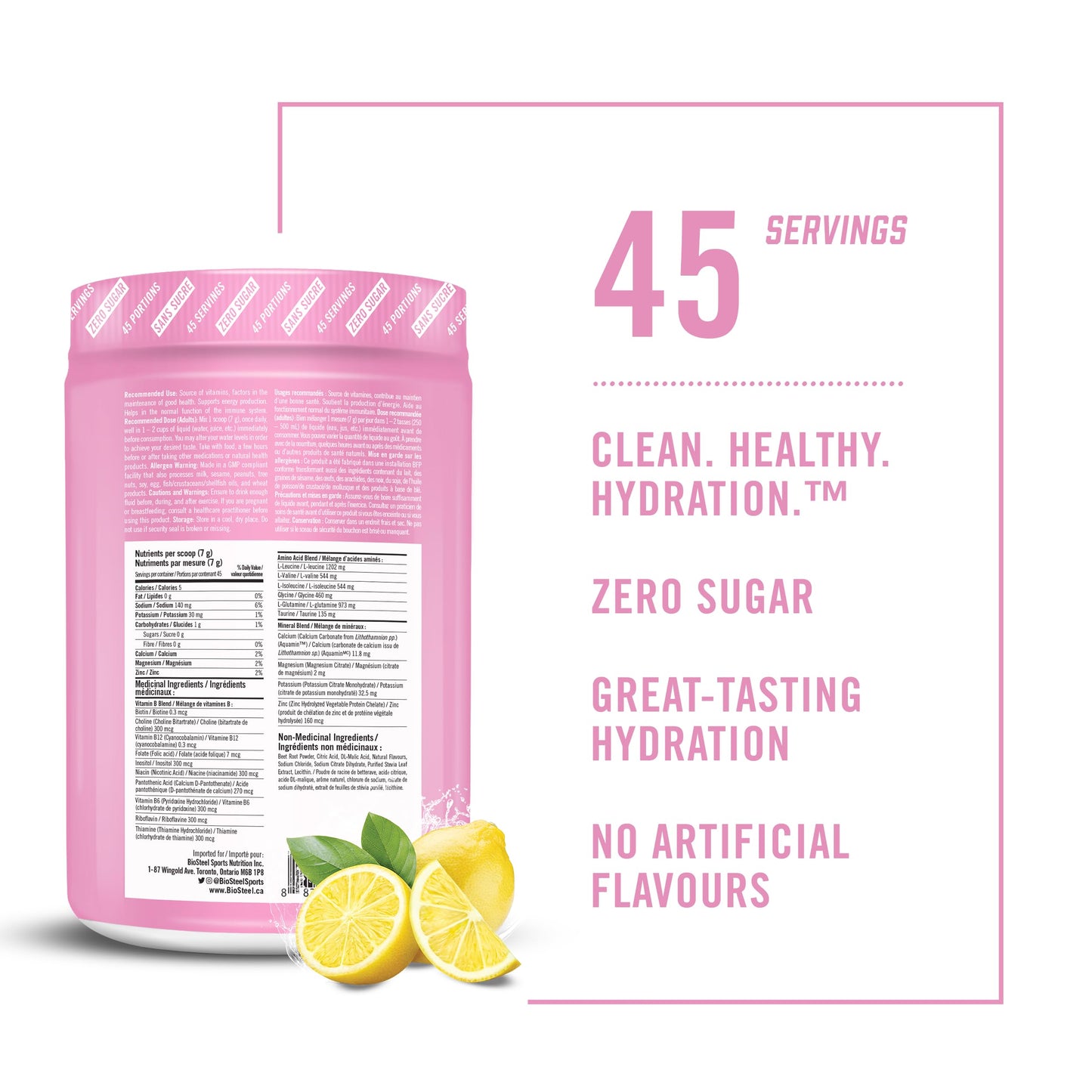 BioSteel Hydration Mix, Great Tasting Hydration with Zero Sugar, and No Artificial Flavours or Preservatives, Pink Lemonade Flavour, 100 Servings per Tub