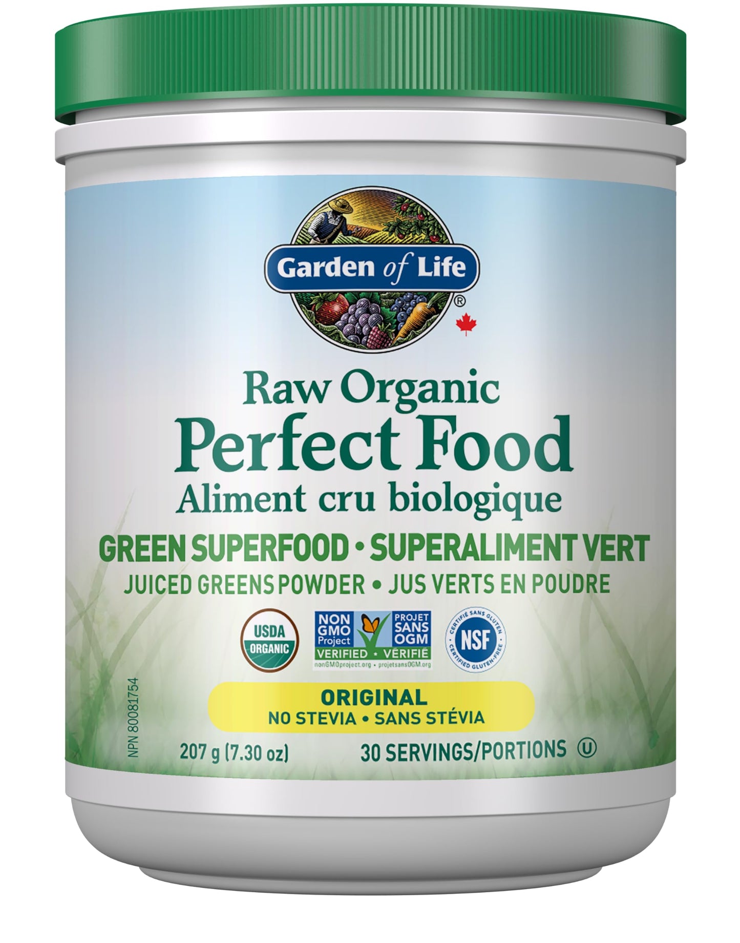 Garden of Life Raw Organic Perfect Food Green Superfood Original 207 gram."Raw Organic Perfect Food is packed with 40 nutrient-dense ingredients, including freshly harvested greens that are low-temperature dried to lock in nutrition, along with sprouts, f