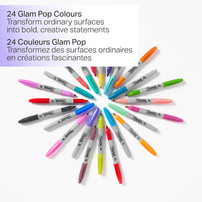 Sharpie Glam Pop Permanent Markers, Fine Point, Assorted Colours, 24 Count