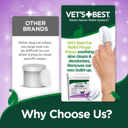 Vet's Best Ear Relief Finger Wipes | Ear Cleansing Finger Wipes for Dogs | Sooths & Deodorizes | 50 Disposable Wipes