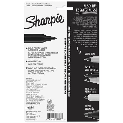 Sharpie Permanent Markers, Fine Point, Black, 5 Count