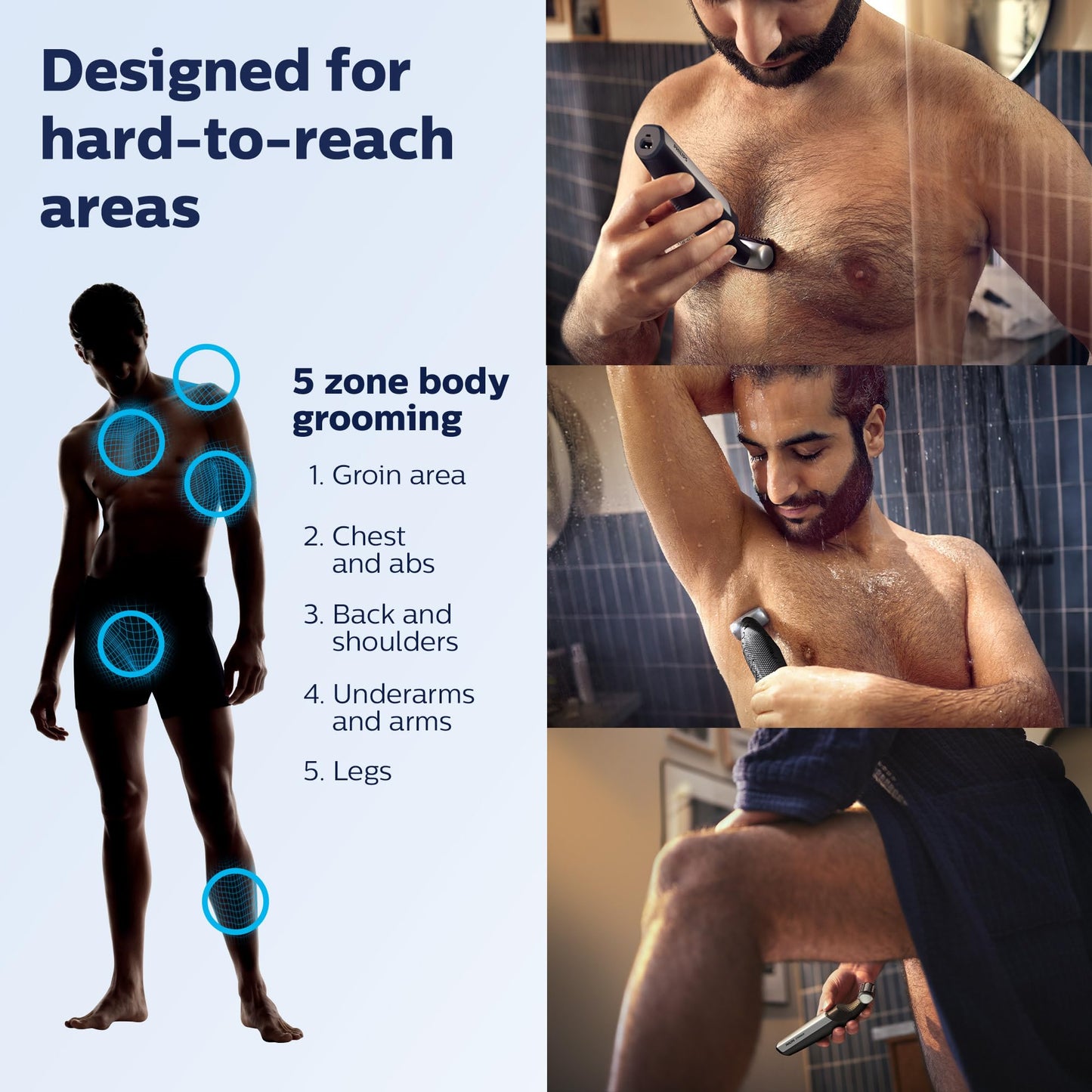Philips Bodygroom Body & Intimate area Trimmer, Ultimate manscaping tool, removes short, long & thick hair in a single stroke with its 4 directional pivoting head. Skin protect technology, BG7025/15