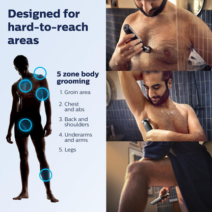Philips Bodygroom Body & Intimate area Trimmer, Ultimate manscaping tool, removes short, long & thick hair in a single stroke with its 4 directional pivoting head. Skin protect technology, BG7025/15