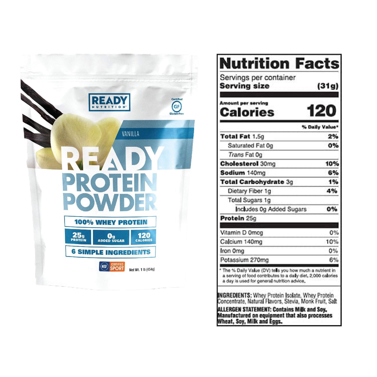 Ready Protein Powder, 25g of Whey Protein, 0g Add Sugar, 6 Simple Ingredients, Vanilla, 1 Pound Bag