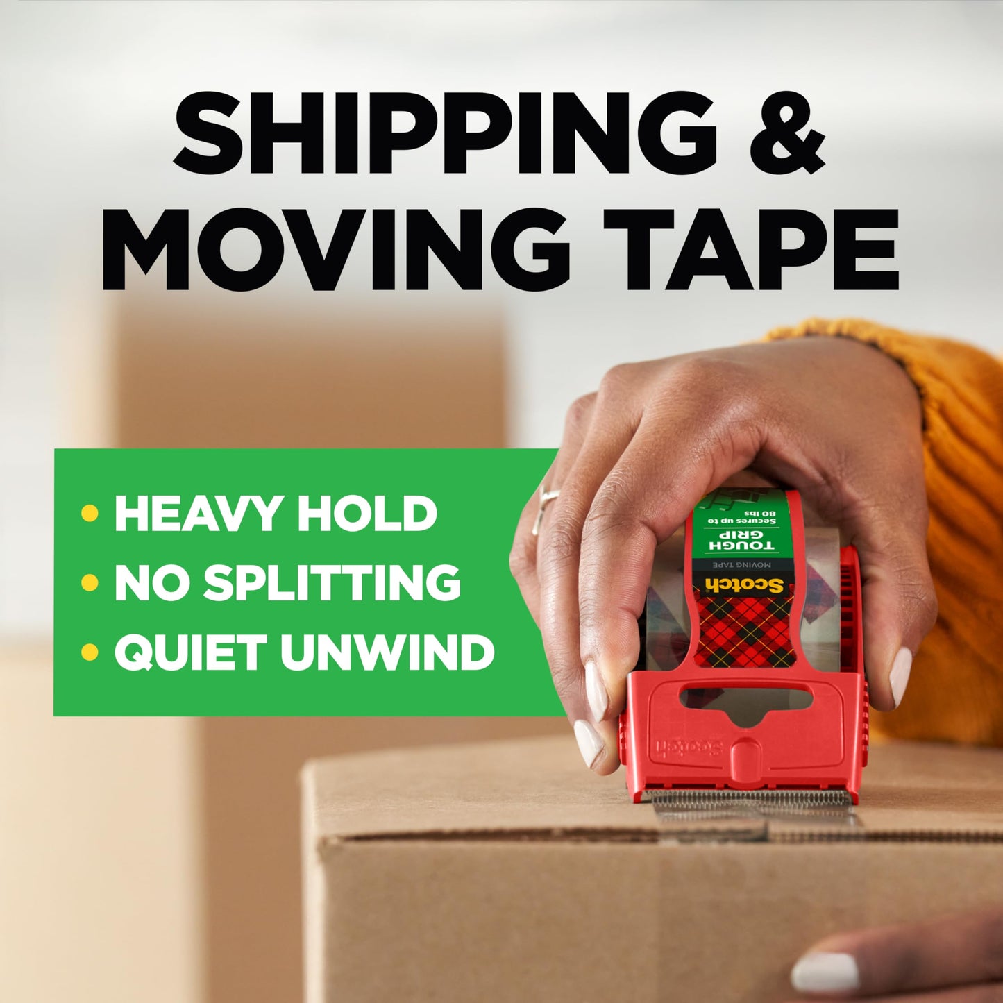 Scotch Packing Tape Tough Grip Moving Tape, 1.88" x 20m, 1 Roll w/ Handheld Dispenser