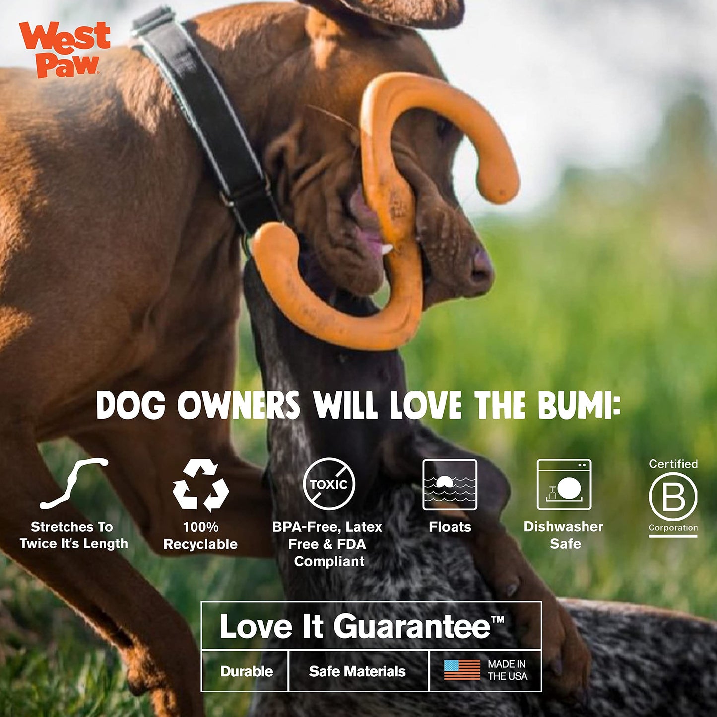 West Paw Zogoflex Bumi Interactive Tug of War Durable Dog Play Toy, 100% Guaranteed Tough, It Floats!, Made in USA, Large, Tangerine