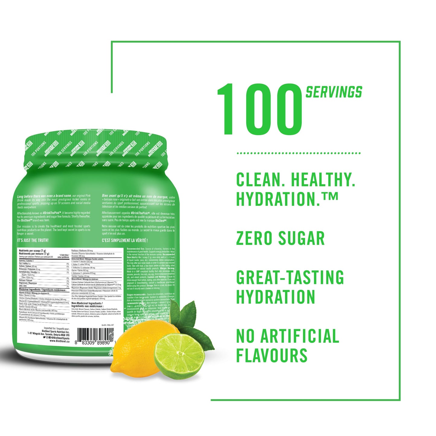 BioSteel Hydration Mix, Great Tasting Hydration with Zero Sugar, and No Artificial Flavours or Preservatives, Lemon Lime Flavour, 100 Servings per Tub