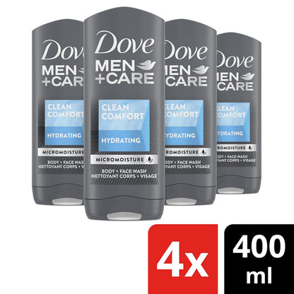Dove Men+Care Body + Face Wash, Clean Comfort, Hydrating with 24hr Nourishing Micromoisture Technology, 400ml, Pack of 4