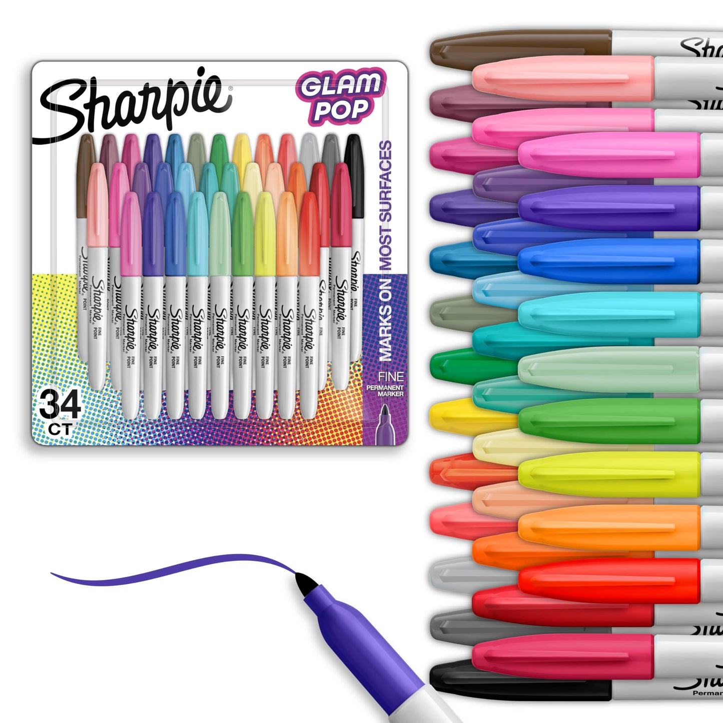 Sharpie Glam Pop Permanent Markers, Fine Point, Assorted Colours, 24 Count