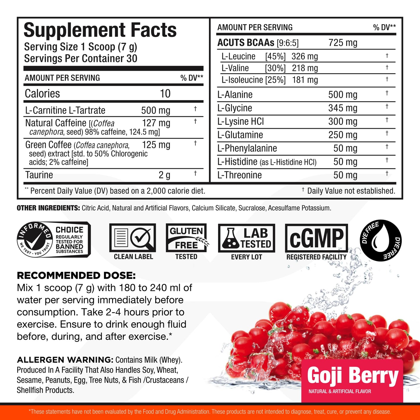 ALLMAX Nutrition - AMINOCUTS (A:CUTS) - Weight-Management BCAA (L-Carnitine + Taurine + EAAs) - Goji Berry - dye free - 252 Gram - 36 Servings
