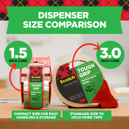 Scotch Packing Tape Tough Grip Moving Tape, 1.88" x 20m, 1 Roll w/ Handheld Dispenser