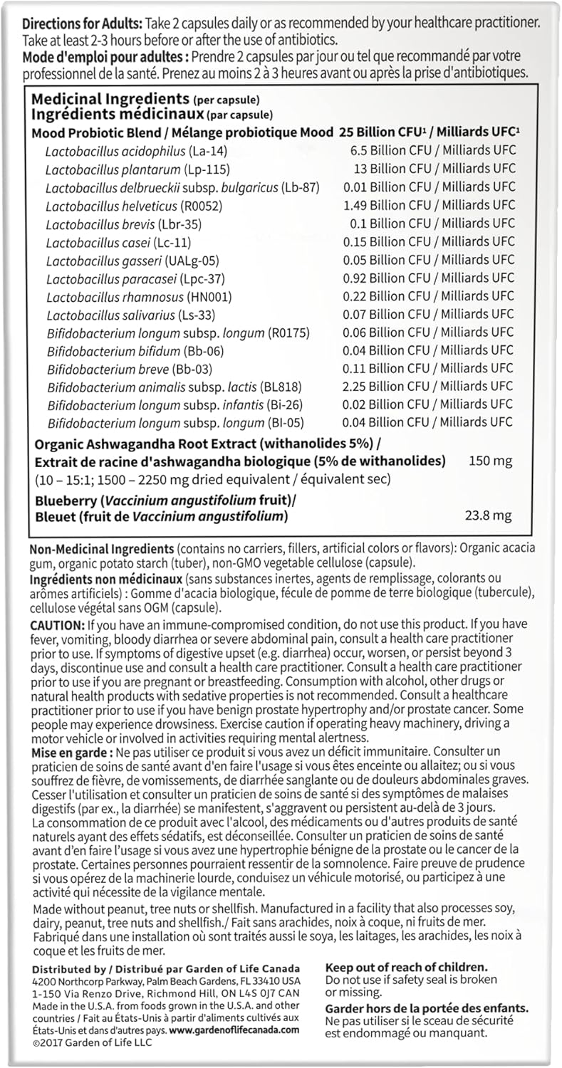 Garden of Life – Dr. Formulated Probiotics Mood+ | Manages Digestive Health & Symptoms of Chronic Stress | 50 Billion CFU + 16 Probiotic Strains | Includes Organic Ashwagandha and Blueberries