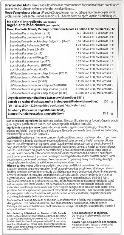 Garden of Life – Dr. Formulated Probiotics Mood+ | Manages Digestive Health & Symptoms of Chronic Stress | 50 Billion CFU + 16 Probiotic Strains | Includes Organic Ashwagandha and Blueberries