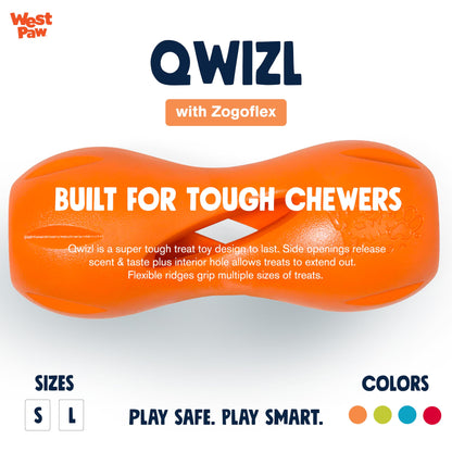 West Paw Zogoflex Qwizl Dog Puzzle Treat Toy Interactive Chew Toy for Dogs Dispenses Pet Treats Brightly-Colored Dog Puzzles for Aggressive Chewers, Fetch, Catch, Non-Toxic Small 5.5 inch , Tangerine
