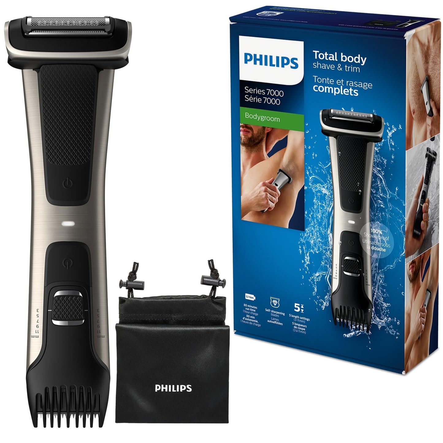 Philips Bodygroom Body & Intimate area Trimmer, Ultimate manscaping tool, removes short, long & thick hair in a single stroke with its 4 directional pivoting head. Skin protect technology, BG7025/15