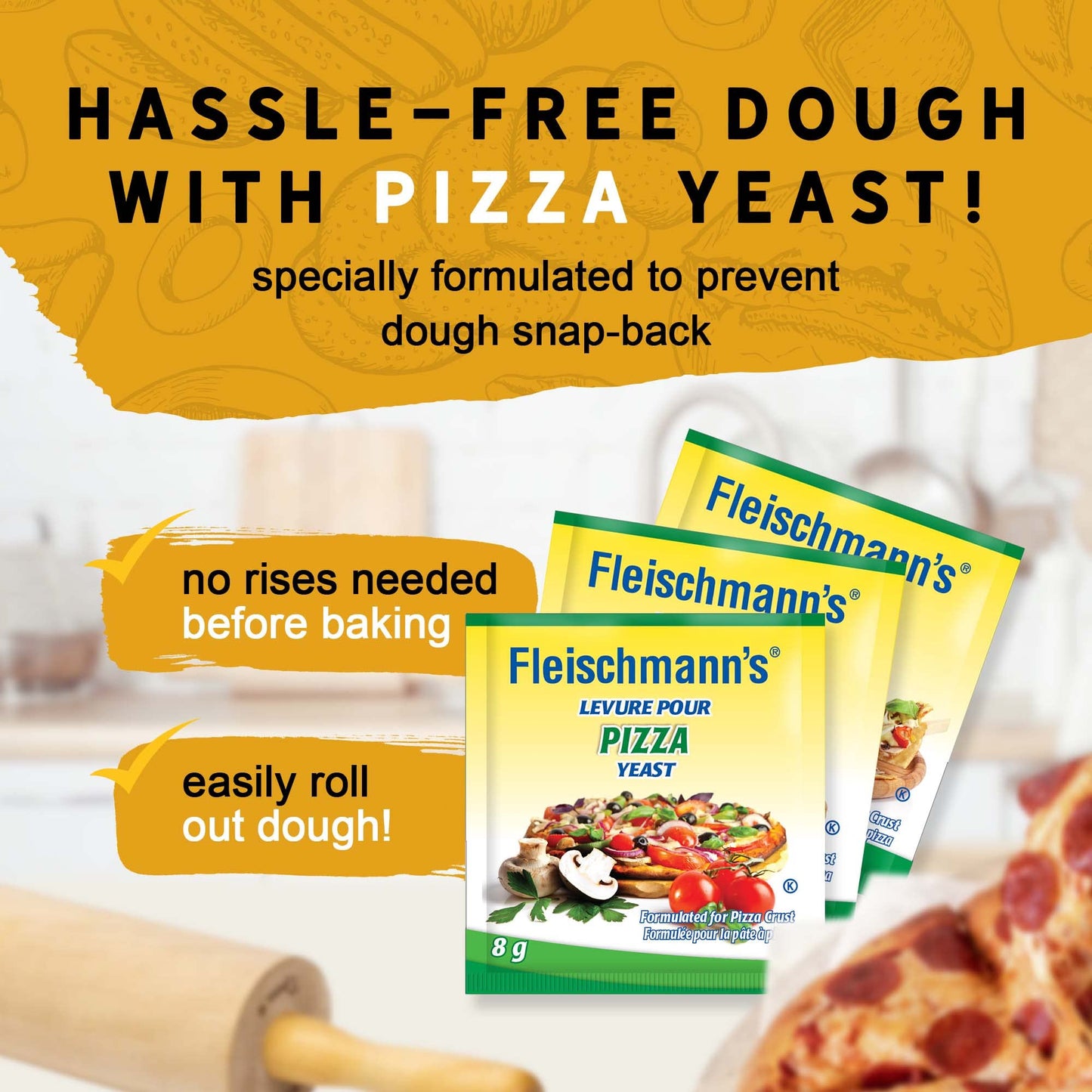 Fleischmann’s Pizza Dough Yeast 6 x 24 grams (8g per sachet), Pizza Yeast, Yeast for Thin, Thick, or Whole-Wheat Pizza Crust, Makes Pizza Dough Fresh in 30 Minutes