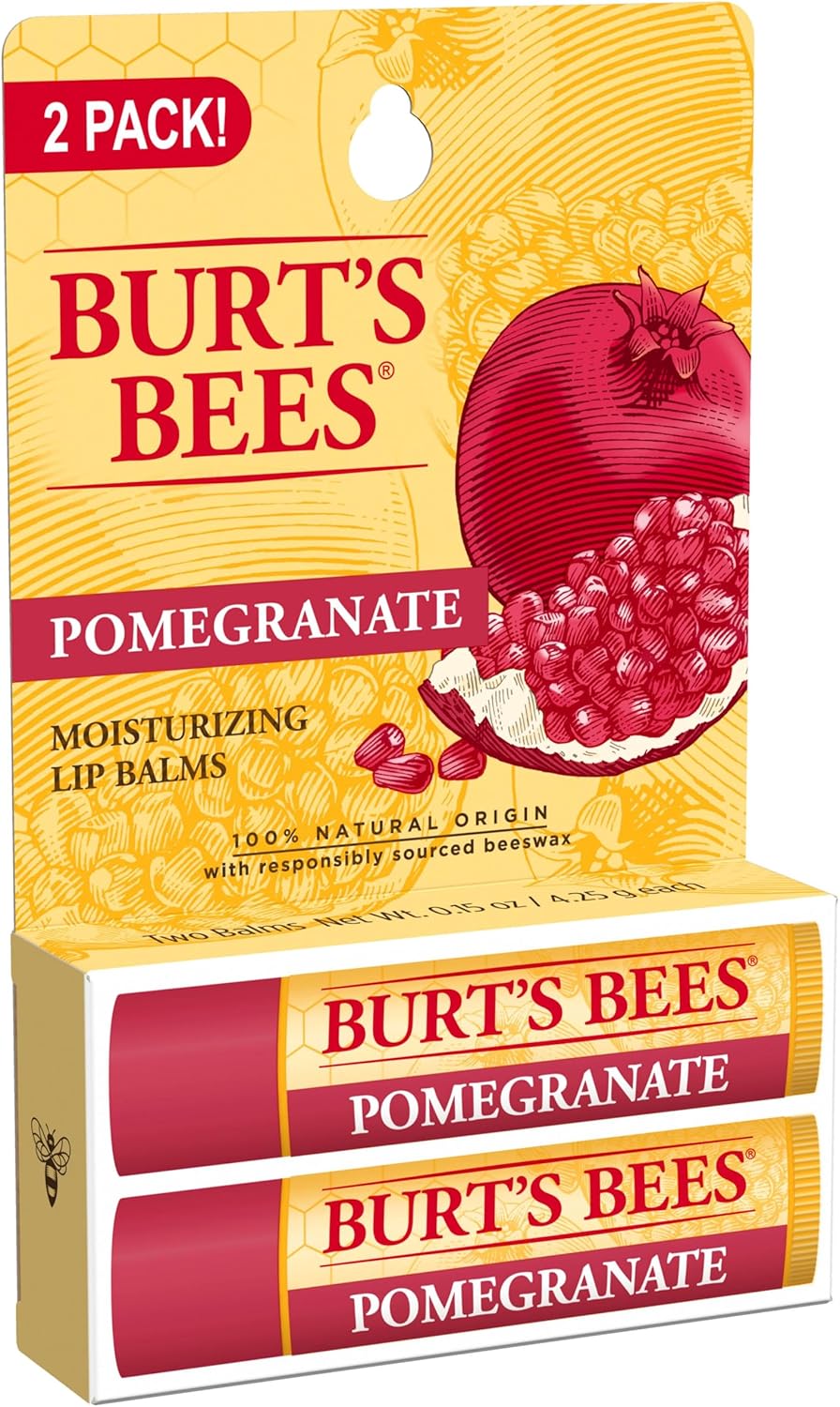 Burt's Bees Moisturizing Lip Balm for Dry Lips 100% Natural Origin, Pomegranate - 2 Tubes