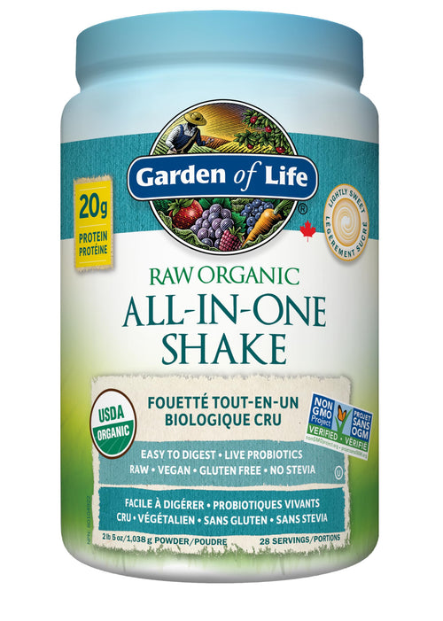 Garden Of Life Raw All-in-One Nutritional Shake, Lightly Sweet, (28 servings- 1038g.) Packed with 20 grams of Certified Organic Plant Protein packed with incredible nutrition to help build lean muscle. Assists in the building of lean muscle when combined
