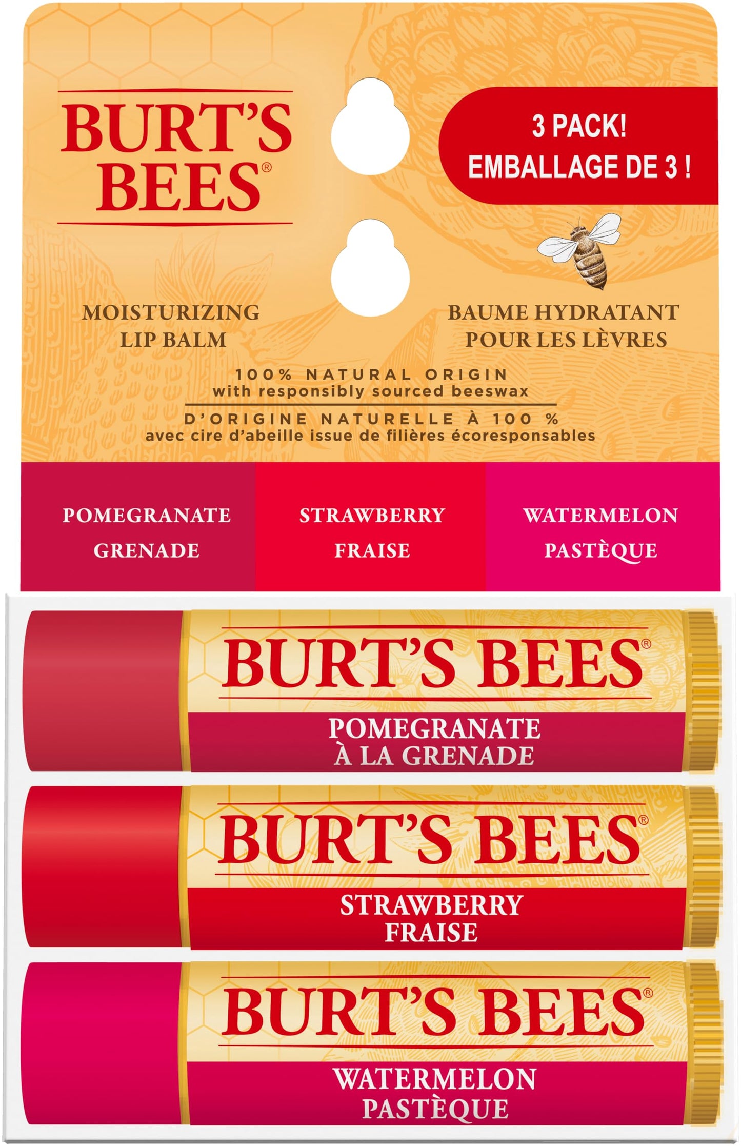 Burt's Bees Moisturizing Lip Balm for Dry Chapped Lips 100% Natural Origin, Original Beeswax with Vitamin E & Peppermint Oil, 3 Tubes, Value Pack