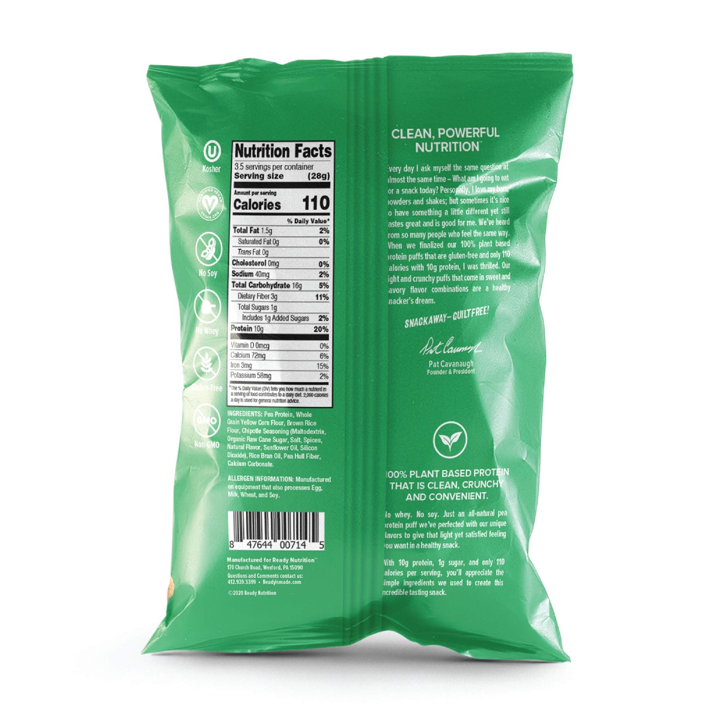 Ready Protein Puffs, 10g Plant-Based Protein, Gluten-Free, Vegan, Non-GMO, Barbecue, 3.5 Ounce Pouch, 6-Pack