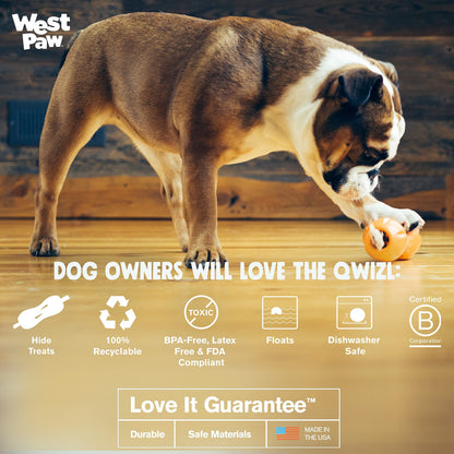 West Paw Zogoflex Qwizl Dog Puzzle Treat Toy Interactive Chew Toy for Dogs Dispenses Pet Treats Brightly-Colored Dog Puzzles for Aggressive Chewers, Fetch, Catch, Non-Toxic Small 5.5 inch , Tangerine