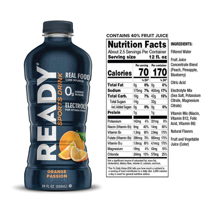Ready Sports Drink, Electrolyte Blend with B Vitamins and No Added Sugar, Peach Mango, 16.9 Fluid Ounces