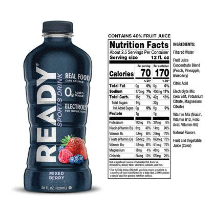Ready Sports Drink, Electrolyte Blend with B Vitamins and No Added Sugar, Peach Mango, 16.9 Fluid Ounces