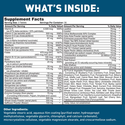 Dr. Tobias Adult Multivitamin for Women & Men, Energy & Immune Support from 42 Fruits & Vegetables Plus Probiotics, Comprehensive Daily Multivitamins for Men & Women, Non-GMO, 90 Tablets, 30 Servings